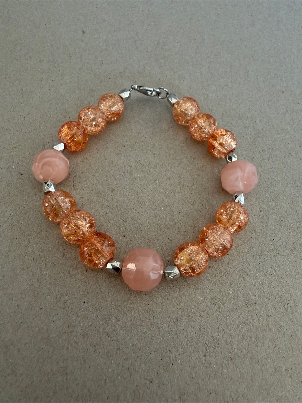 Handmade Pink and Orange Beaded Bracelet 7.5in